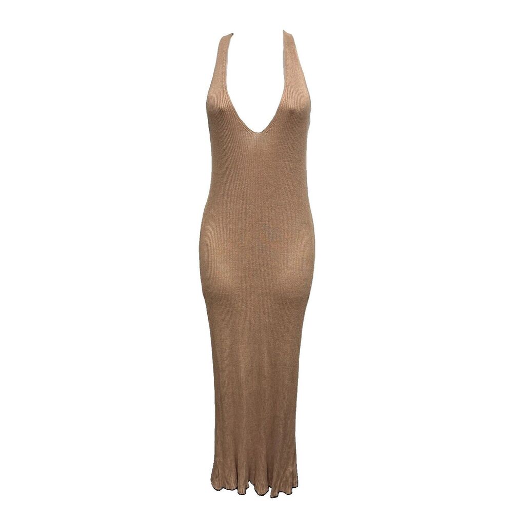 American Apparel RibKnit VNeck Sleeveless Maxi Dress L Stretch Beige Stretch